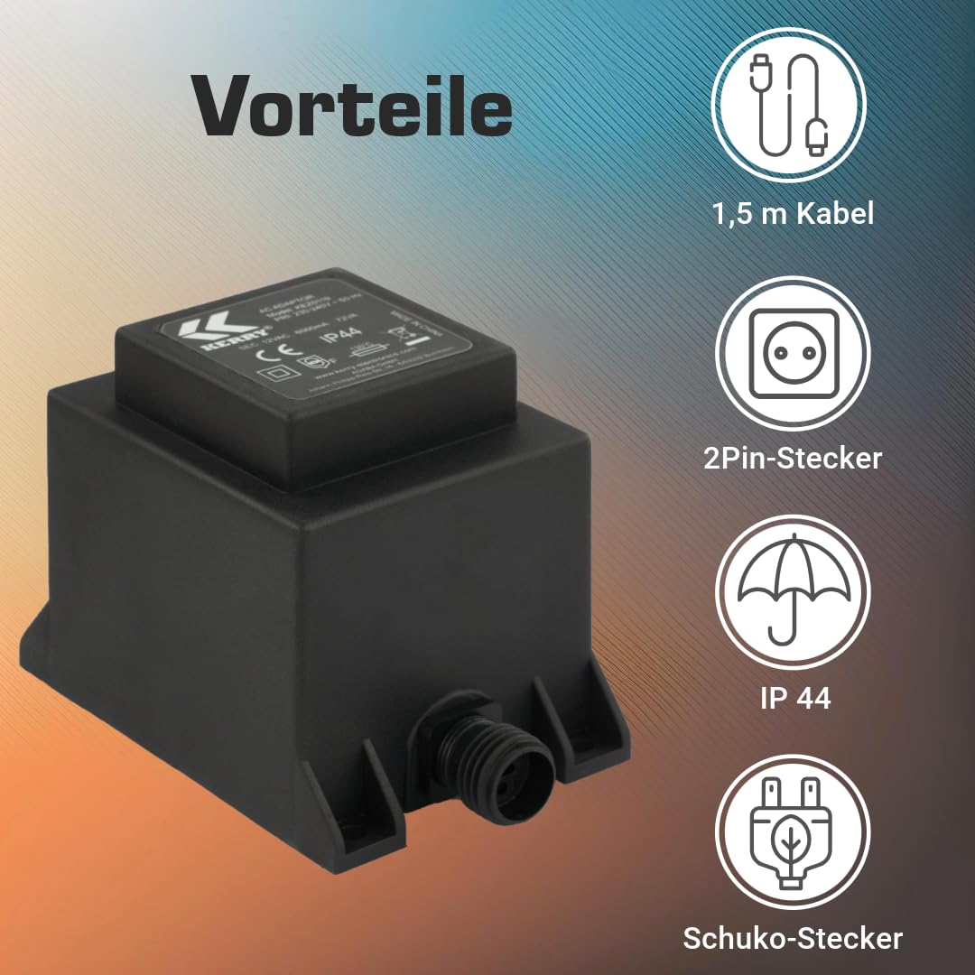 Netzteil 72 Watt IP44 für Außenbereich, LED-Trafo, Transformator 230V auf 12V, 6000mA Wechselstrom Netzstecker 2 Polig, 12V Adapter, Netzteil-Adapter, Netzgerät, Netzadapter