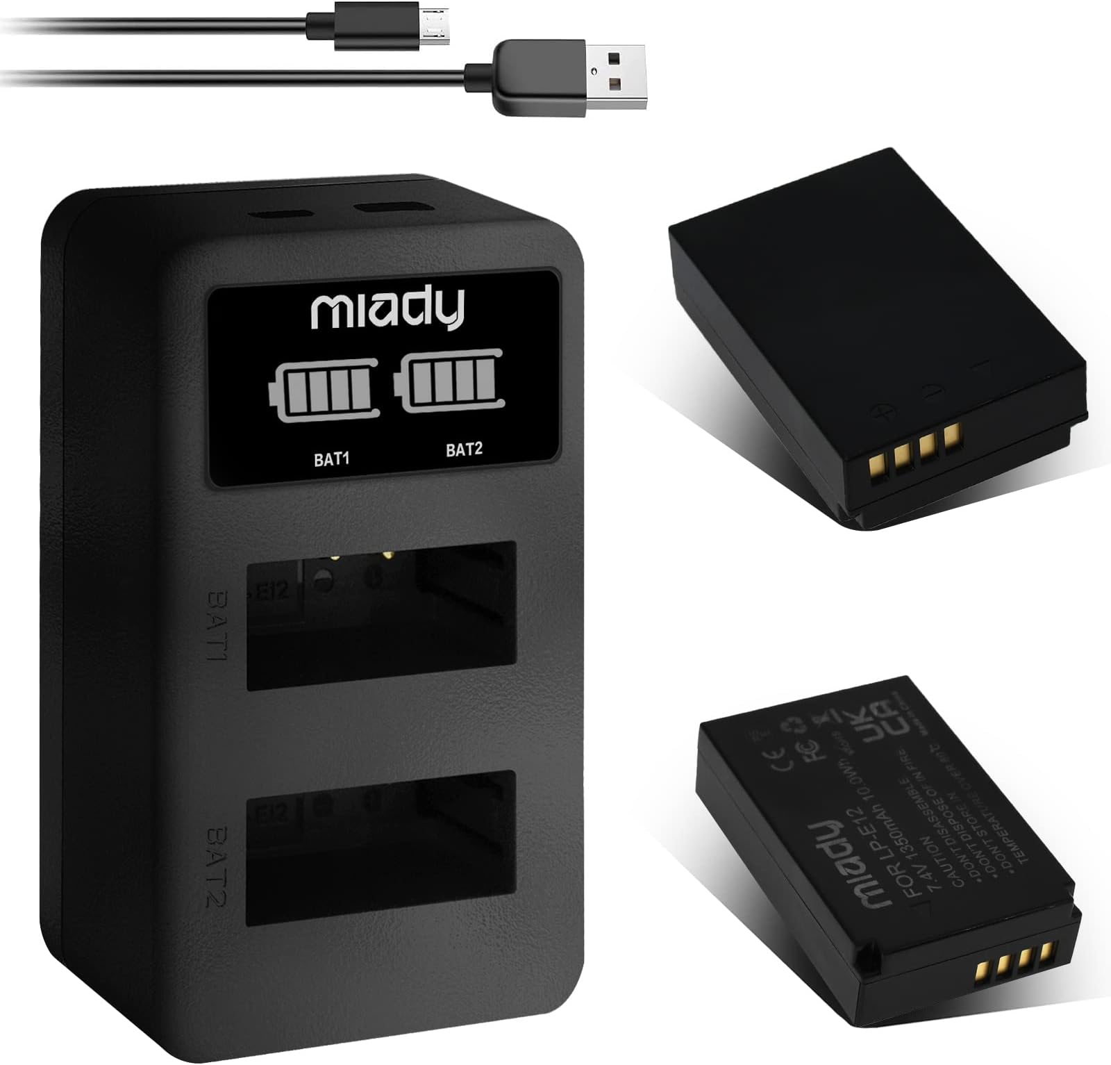 Miady LP-E12 Replacement Battery Charger Set, Type-C & Micro-USB Dual LCD Charger and 2-Pack 1350mAh Batteries Compatible with Canon EOS M50, EOS M100, EOS M10, Rebel SL1 and More