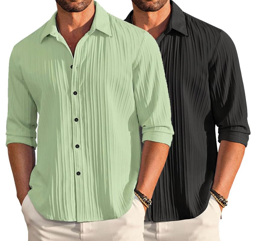 Image of DEELMO Combo of Men's Casual Button Down Shirts Long Sleeve Linen Shirt Fashion Textured Summer Shirts Pack of 2