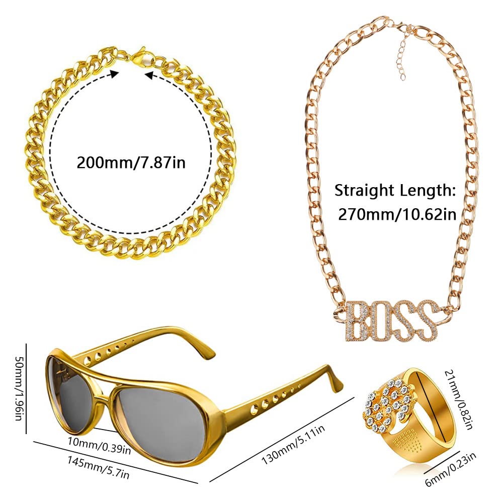 Kit Déguisement Hip Hop 80/90 Komicea - 6 Pièces: Lunettes, Collier Dollar, Bracelet, Bagues, Téléphone Gonflable - Pour Fête, Carnaval, Cosplay
