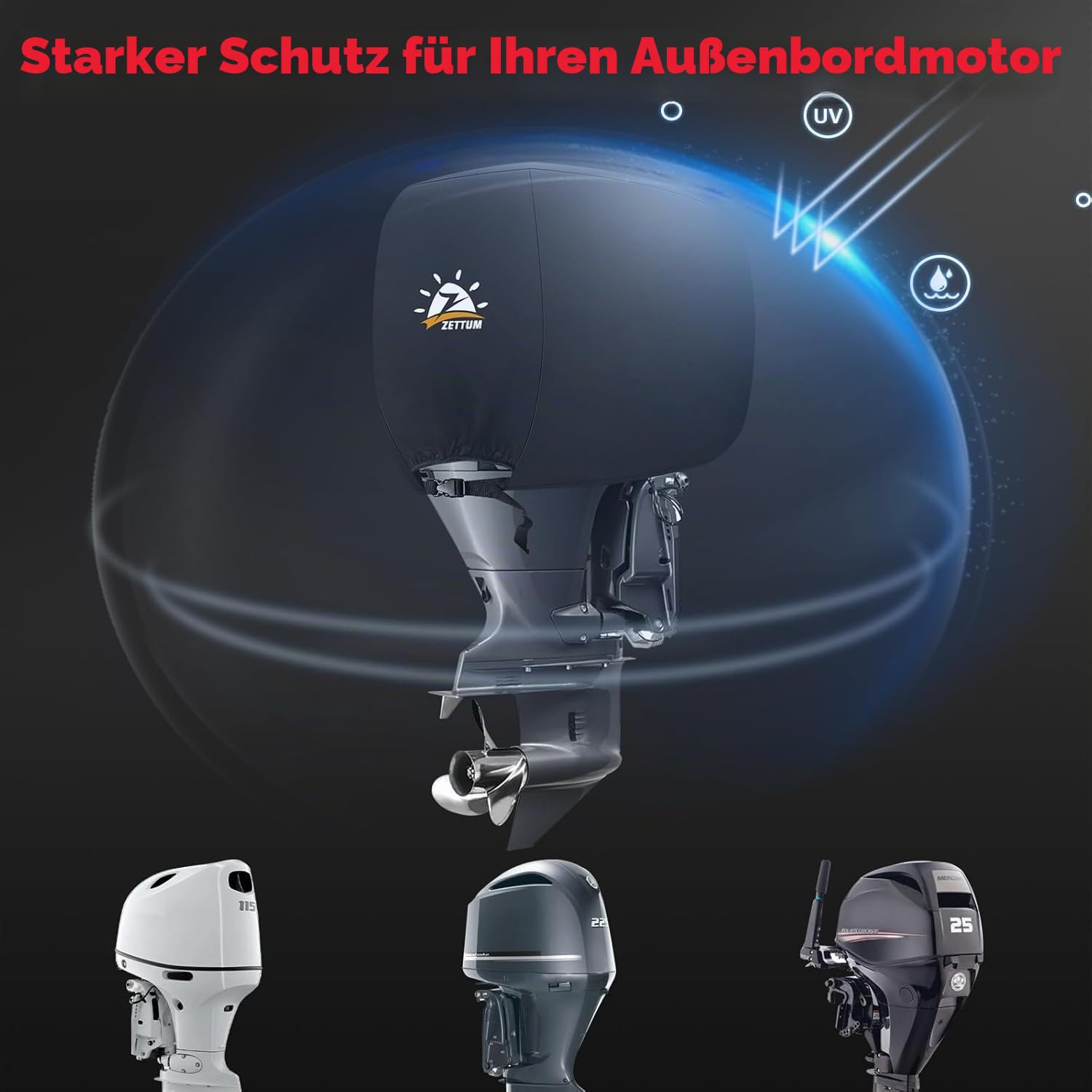 Zettum Außenborder Abdeckung für Motoren bis zu 25 HP, 600D Oxford aussenborder Abdeckung Wasserdicht & Heavy Duty, außenbordmotor Abdeckung für Yamaha, Mercury, Parsun, Außenbordmotor Vollabdeckung