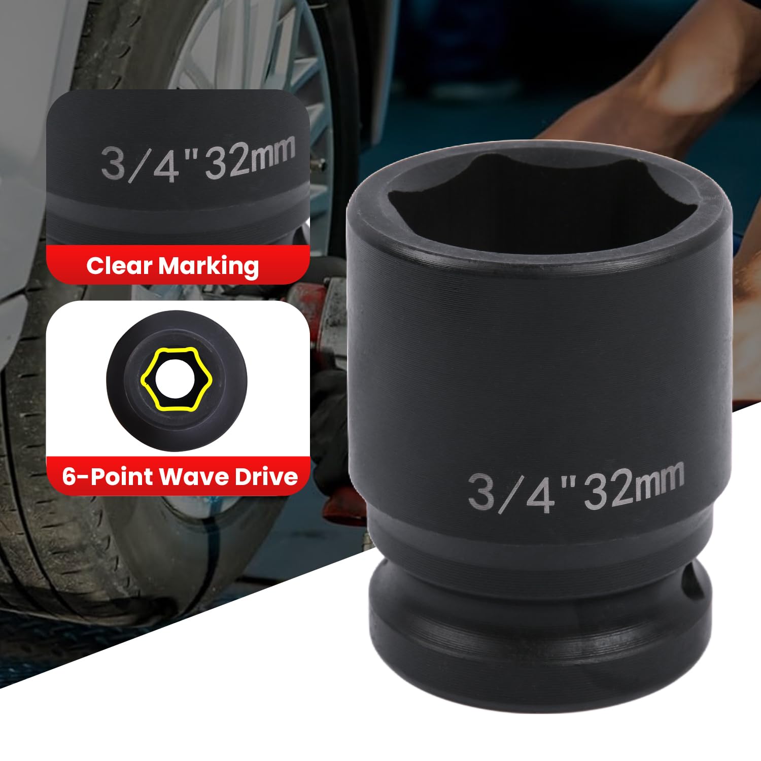 Deep 6-Point Impact Socket 3/4" Drive 32mm,Chrome Molybdenum Steel, Anti-Rust Metric Hex Socket for Car Repairs and Impact Wrench - Image 3