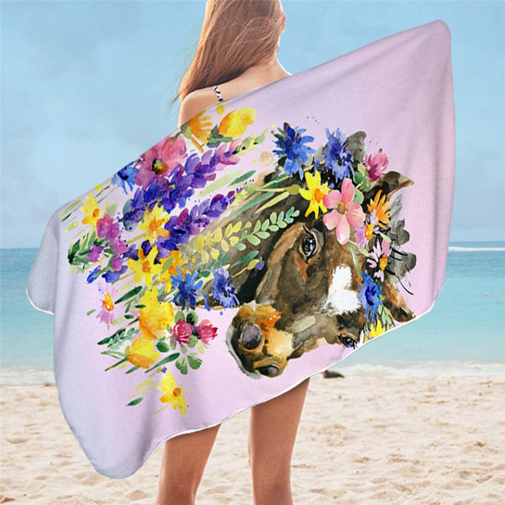 Lsjuee Large Travel Towel, Horses Bathroom Towel 3D Galloping Wild Horse Microfiber Beach Towel Dusty Lightning Photography Towel Style