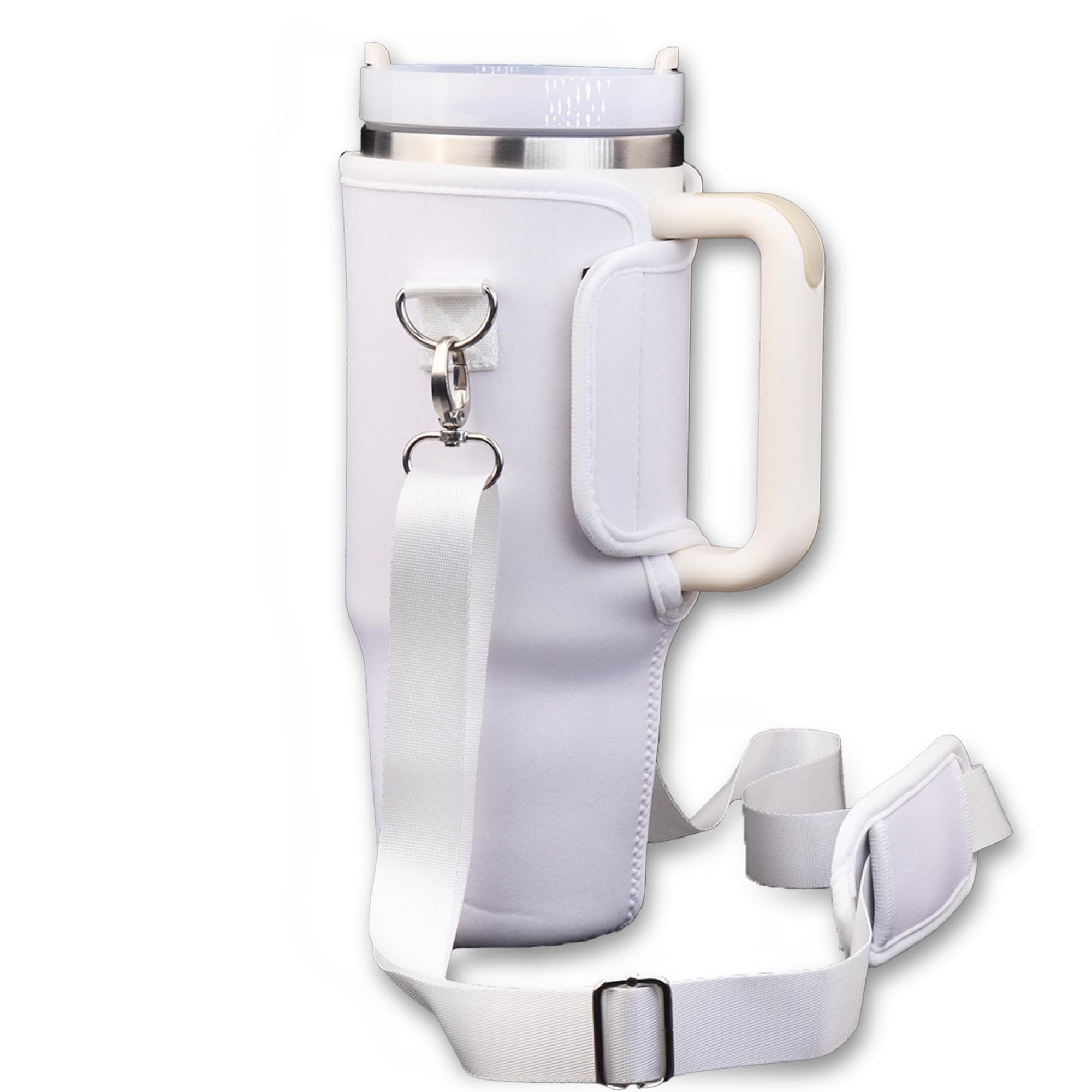 Water Bottle Carrier Bag with Strap for 40oz Stanley Neoprene Adjustable Cup Sling for Walking/Hiking/Trip/Camping (White)