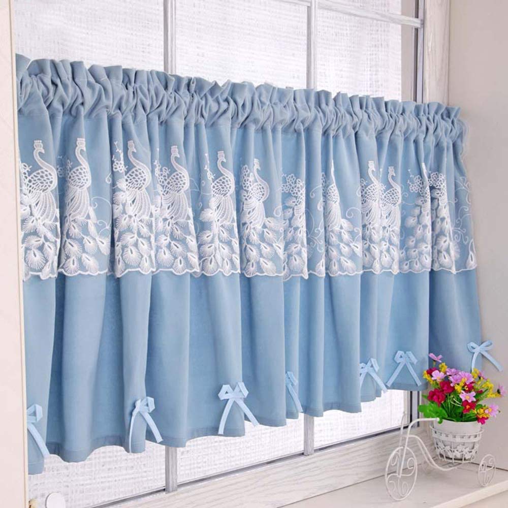 Demi-rideau de cuisine en coton bleu à dentelle style rural US W200xH60cm