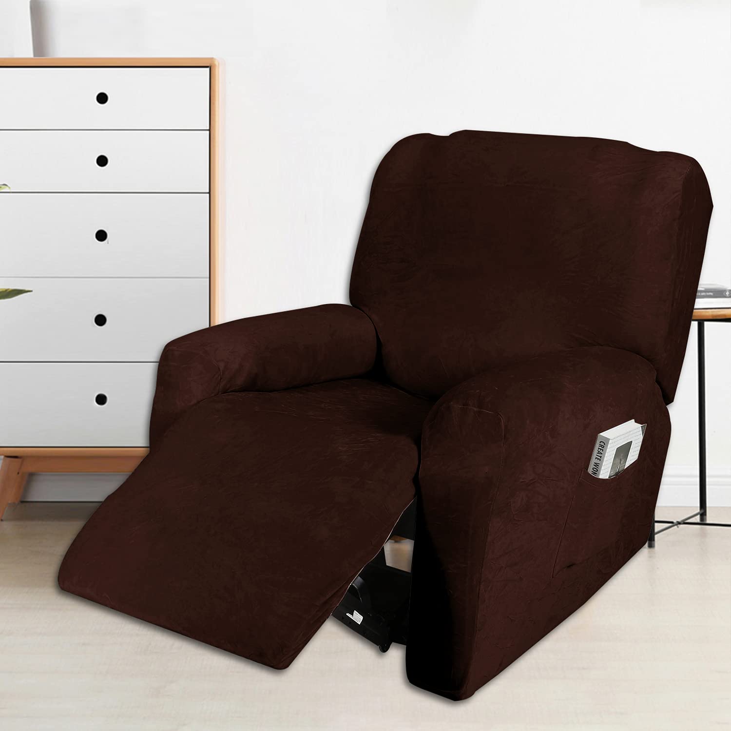 Recliner Sofa Chair Covers, Velvet Stretch Reclining Couch Covers for 1/2/3 Seat Sofa Slipcovers Furniture Covers Thick Soft Washable with Pocket for Reclining Sofa (Deep Brown, 1 Seater)