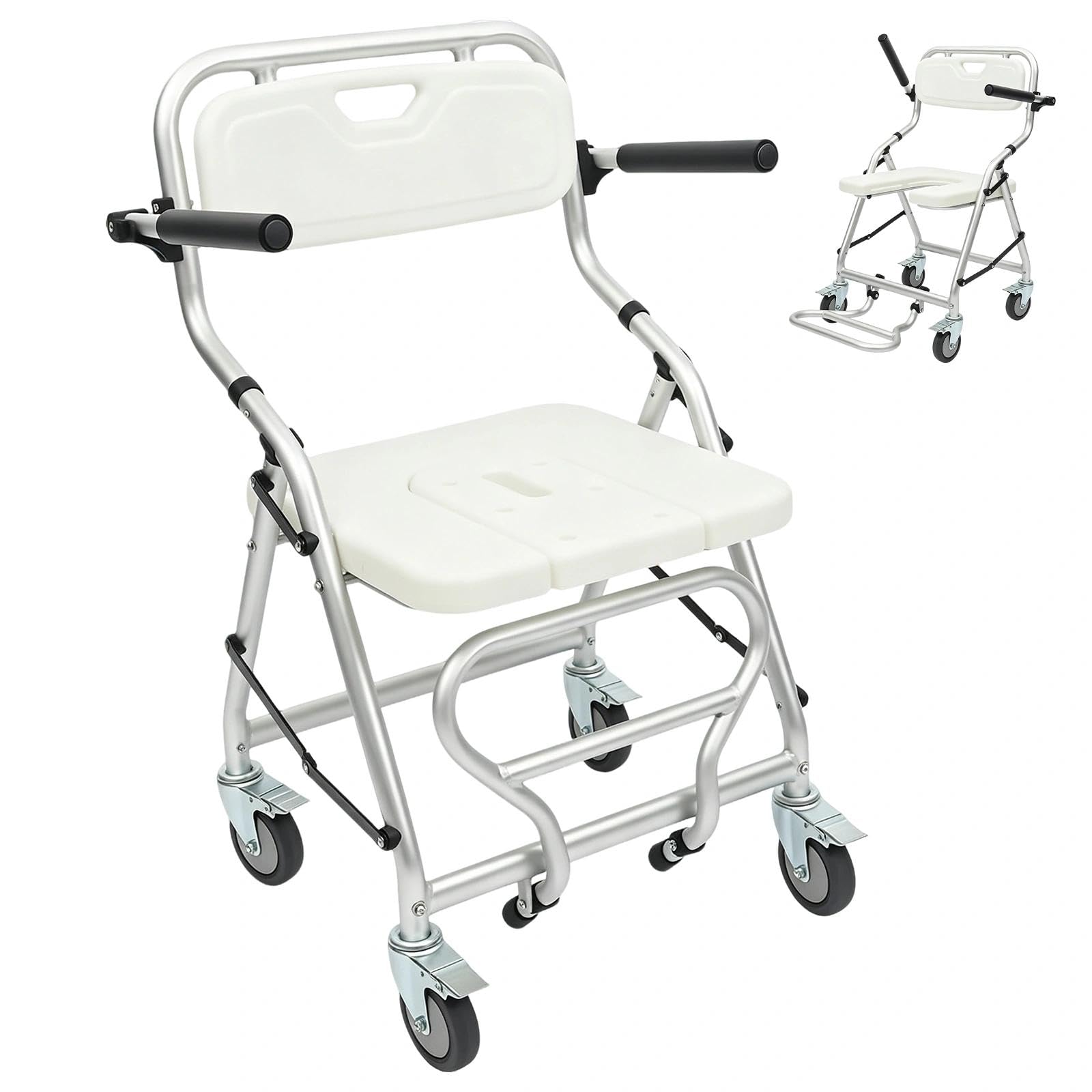 Silla de Ducha con Ruedas Plegable Aluminio, Capacidad de Carga 120kg