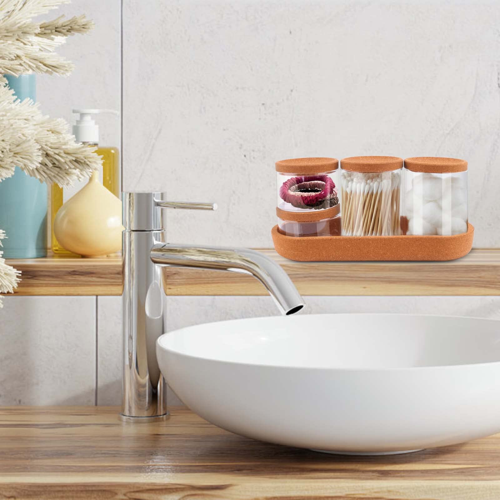 Set Porta Cotton Fioc In Vetro Con Coperchi In Sughero - 4 Contenitori, Per Bagno E Trucco - Foto 5