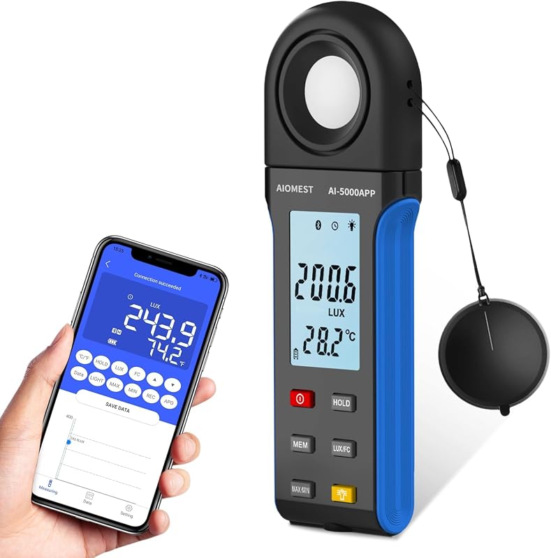 Light Lux Meter with Bluetooth, AIOMEST Digital Lumen Tester 0.1 Lux, 1-400,000 Lux/FC Range, 270° Rotated Sensor, Luxometer for Indoor Plant, Photography, Aquarium