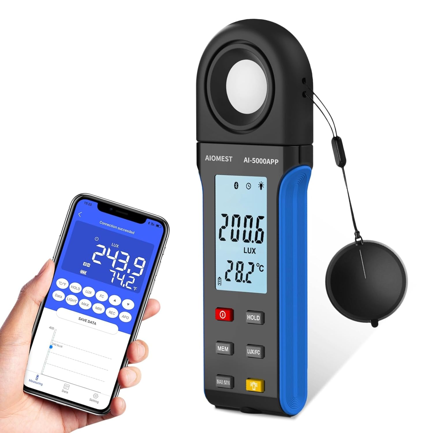 Light Lux Meter with Bluetooth, AIOMEST Digital Lumen Tester 0.1 Lux, 1-400,000 Lux/FC Range, 270° Rotated Sensor, Luxometer for Indoor Plant, Photography, Aquarium