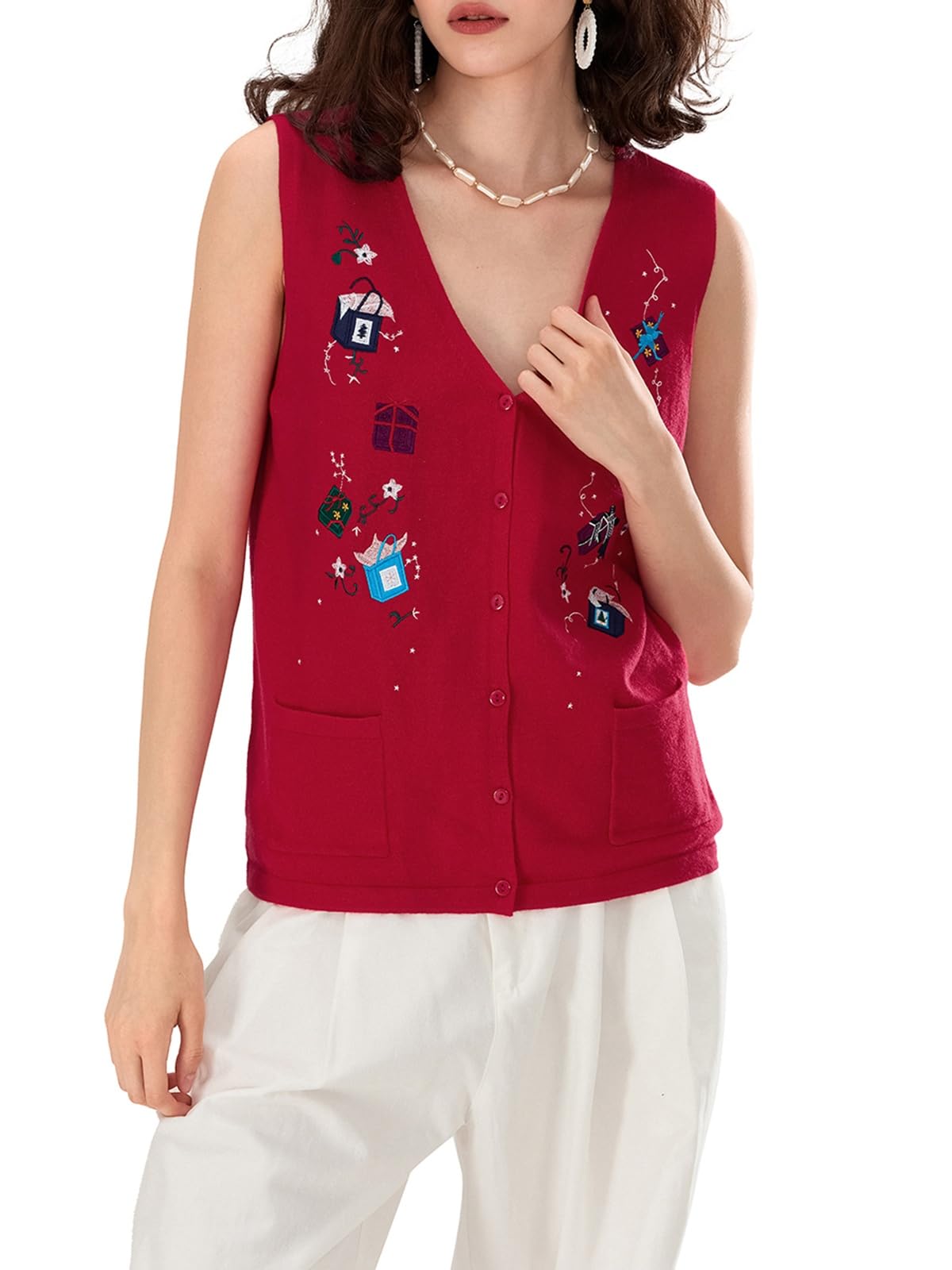 Women Christmas Button Sweater Vest Sleeveless Button Down Knit Tank Top Embroidery Santa Print Vest Top Holiday