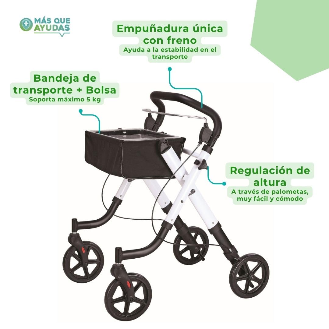 Andador Rollator para minusválidos, ancianos, ligero, plegable, frenos por presión, aluminio con bandeja transparente y bolsa extraíble, ruedas de 20 cm diámetro.