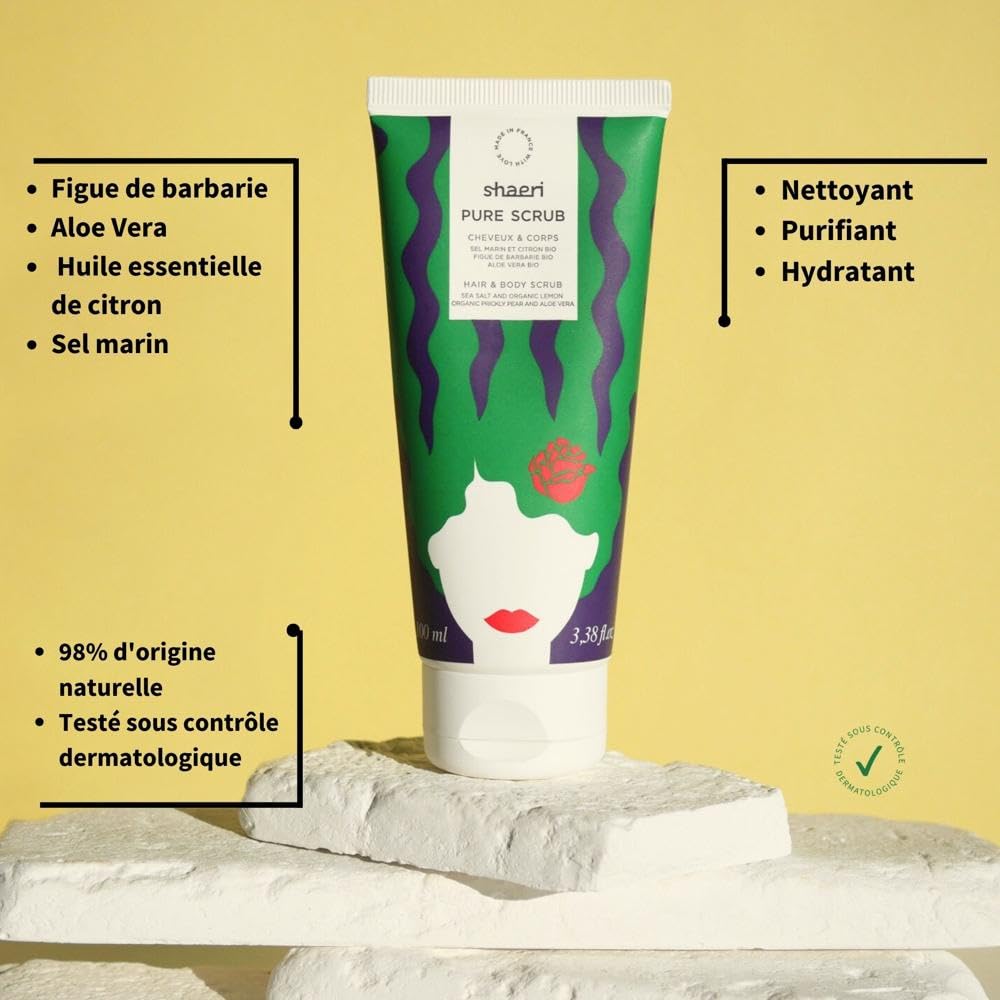 Shaeri – Pure Scrub Détoxifiant Cuir Chevelu & Corps – Gommage Naturel 2-en-1 – Figue de Barbarie, Aloe Vera, Sel Marin, H.E. de Citron – Purifie & Rafraîchit – 98% Naturel, Made in France