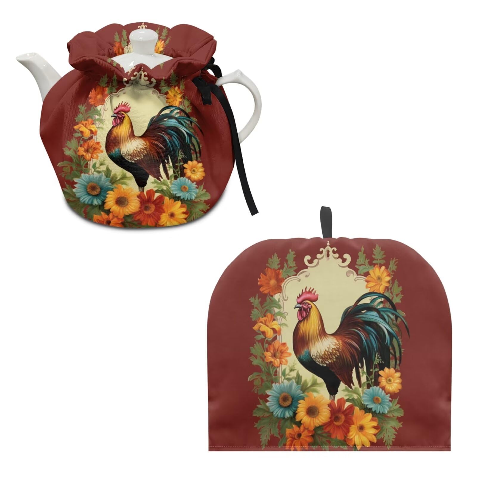 ZOUTAIRONG Rooster Print Tea Cozy for Teapot Machine Washiable Kettle Quilt Breakfast Warmer Home Decoration Keep Warm Insulation Teapot Cover Red
