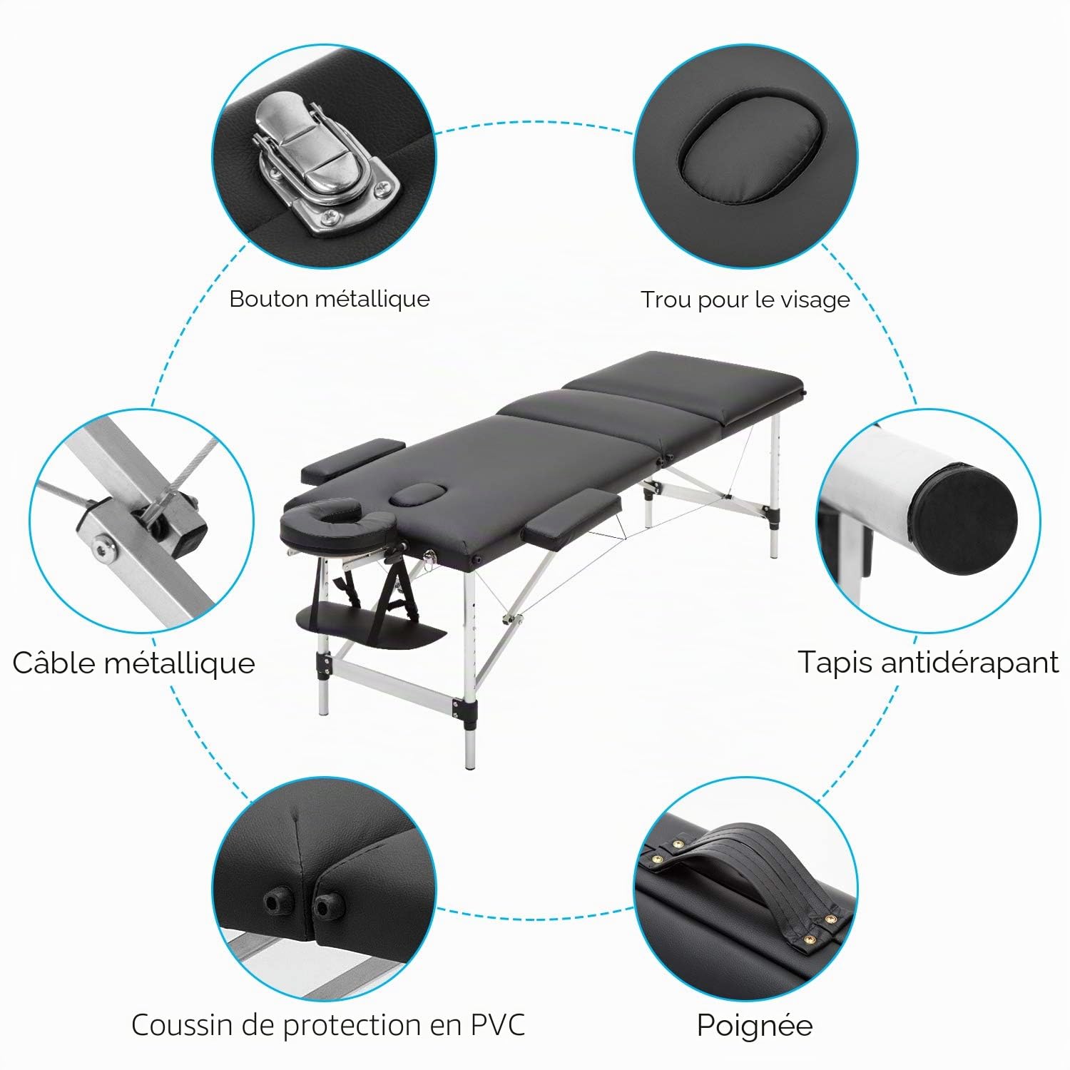 Mondeer Table de Massage Pliante, Lit Cosmétique Pliante Aluminium Professionnel, Lit de Massage Portable, avec Housse de Transport,3 Zone, Noir