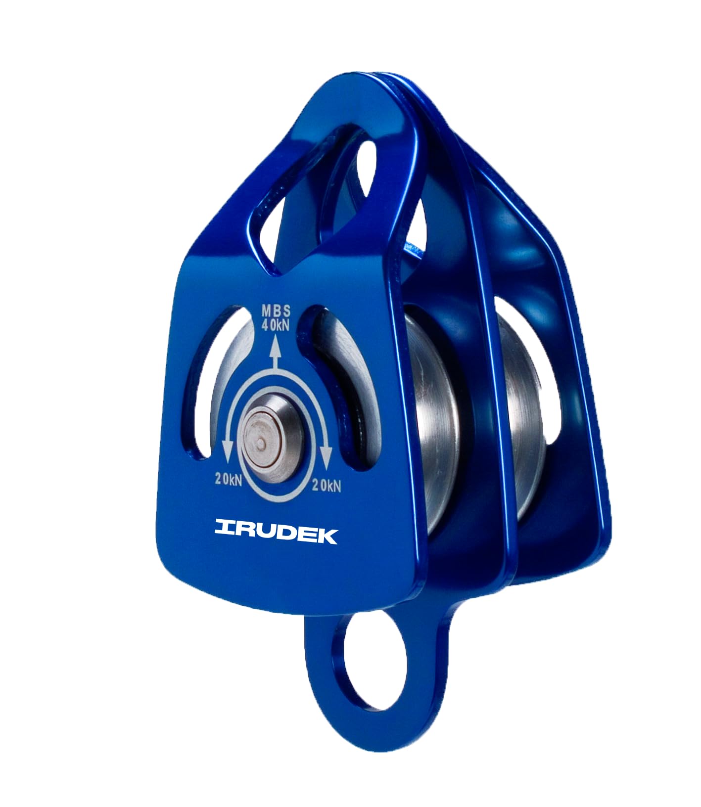 Irudek PRO 064 BUS – Polea doble de aluminio con cojinetes de latón y anclaje auxiliar inferior, para cuerdas <13 mm, 40 kN, EN 12278, 555 g