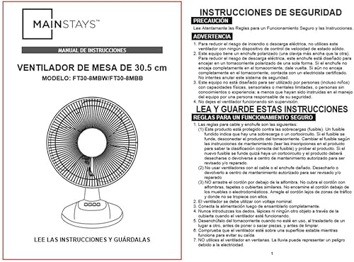 Miniatura 2 de KNOXC Mainstays FT30-8MBB Ventilador de mesa oscilante de 3 velocidades de 12 pulgadas (color blanco)