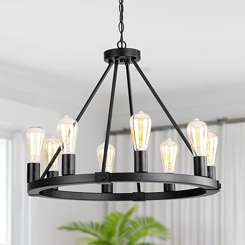 Miniatura 2 de 9MMML Candelabro de rueda de vagón de 23.6 pulgadas, 8 luces, metal negro, redondo, industrial, vintage, para isla de cocina, sala de estar,