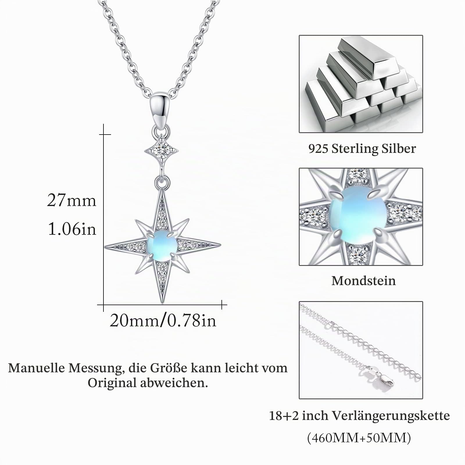 REDSUN Mondstein Halskette S925 Sterling Silber Achtzackige Stern Kette Platin/Gold/Roségold Regenbogen Anhänger Schmuck für Damen Mädchen Mutter Tochter Frau Geschenk
