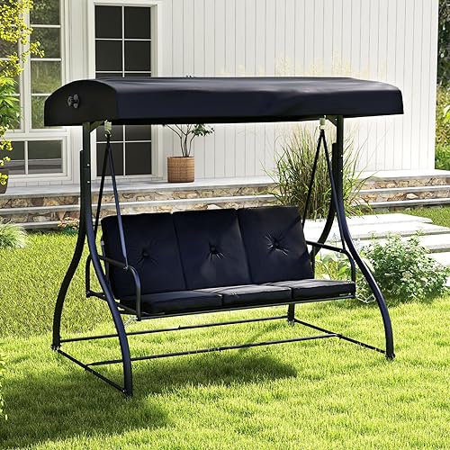 Image of HAPPYGRILL 3 Seat Outdoor Porch Swing, 2-in-1 Swing Glider with Adjustable Canopy, Removable Cushions, Foot Pad, Curved handrails, Outdoor Swing for Patio Yard Garden Balcony Backyard