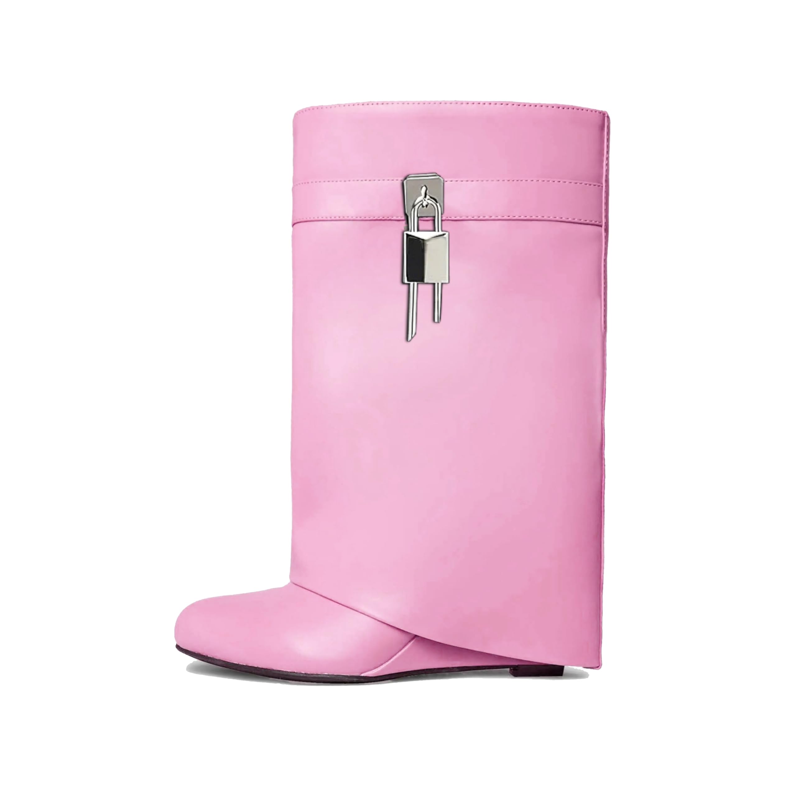 keleimusi Fold Over Wedge Boots Heeled PadLock Pant Knee High Shoes Tall/Short Booties in Black