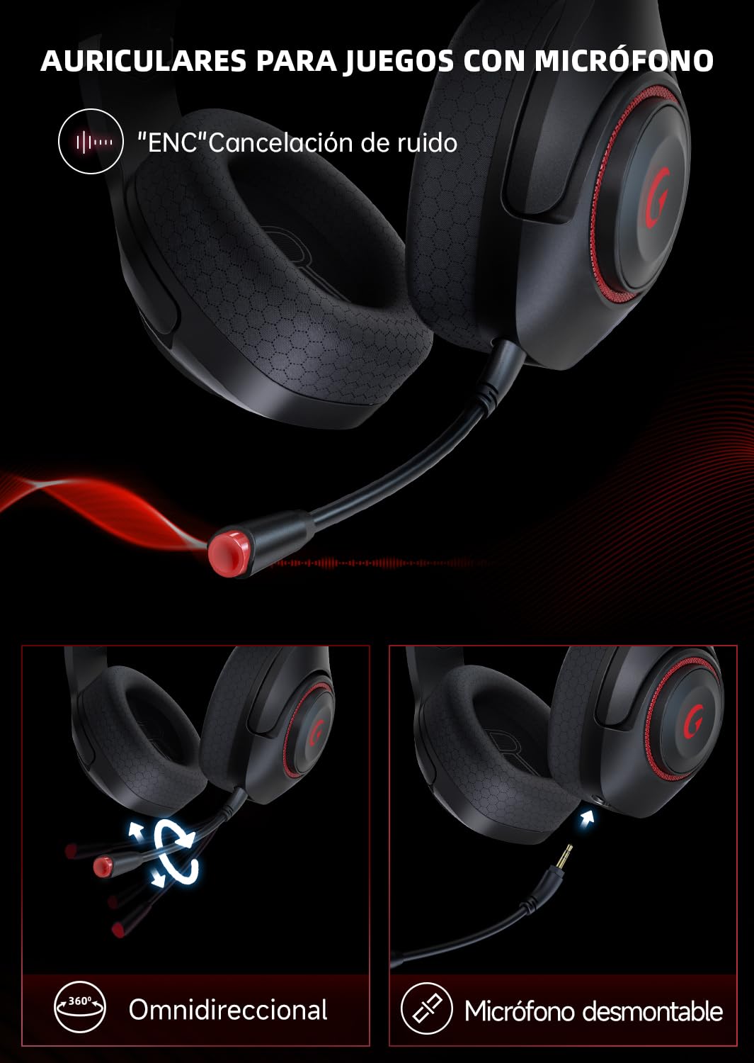 KAPEYDESI Cascos Gaming, 2,4 GHz Auriculares inalámbricos Gaming para PS5/PS4 /PC/Mac, Auriculares Inalámbricos Bluetooth 5.2 con Micrófono, Conector de 3,5 mm para Auriculares con Cable, Rojo