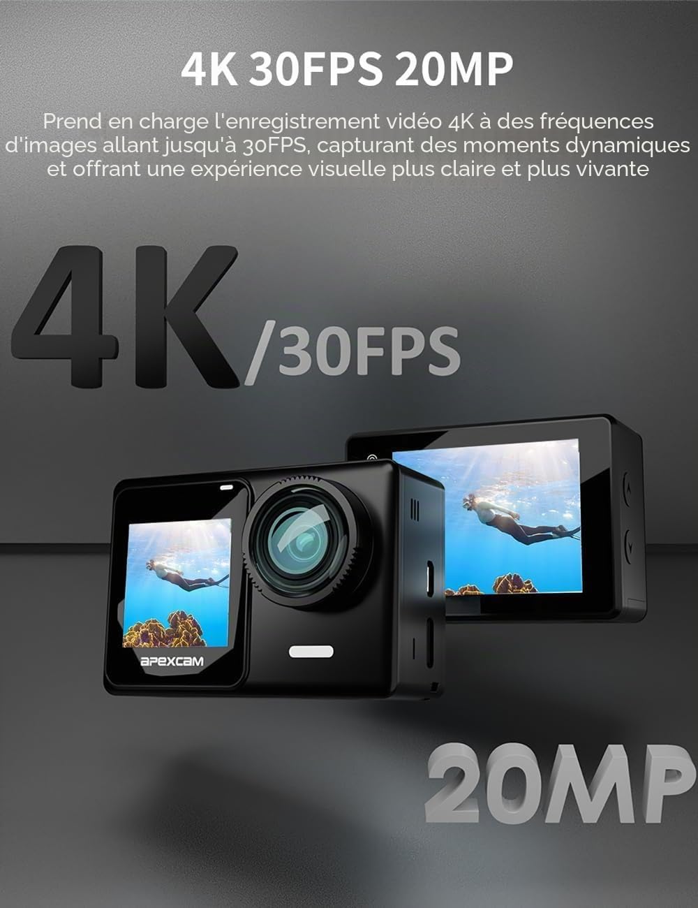 Apexcam Caméra Sport 4k WiFi EIS Double Écrans Tactile Caméras Étanche 40M HD Caméscope 20MP Caméra d'action Caméras Sportives et Kit d'accessoires…