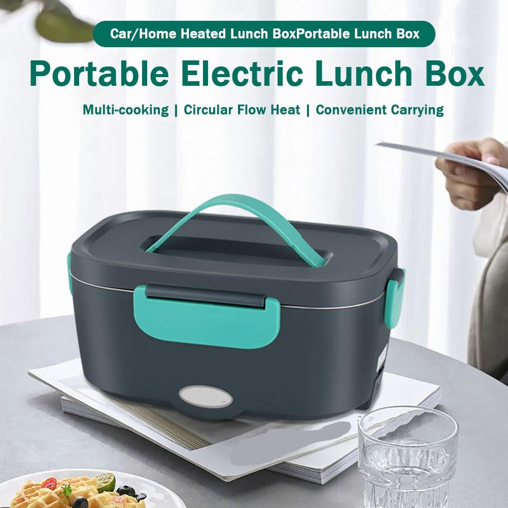 Fiambrera Aislante portátil de Doble Compartimento, Calentador de Alimentos portátil, para Coche, casa, Oficina, Viajes, con Recipiente de Acero Inoxidable(Blue+White Buckle Handles)