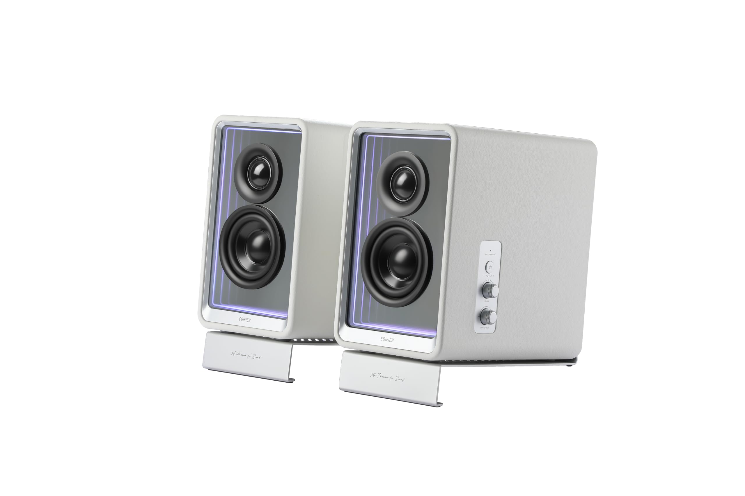 Edifier QR65 - Altoparlanti per monitor attivi, 70 Watt, con effetti di luce RGB, 3 porte USB TurboGaN di ricarica rapida e uscita subwoofer, bianco