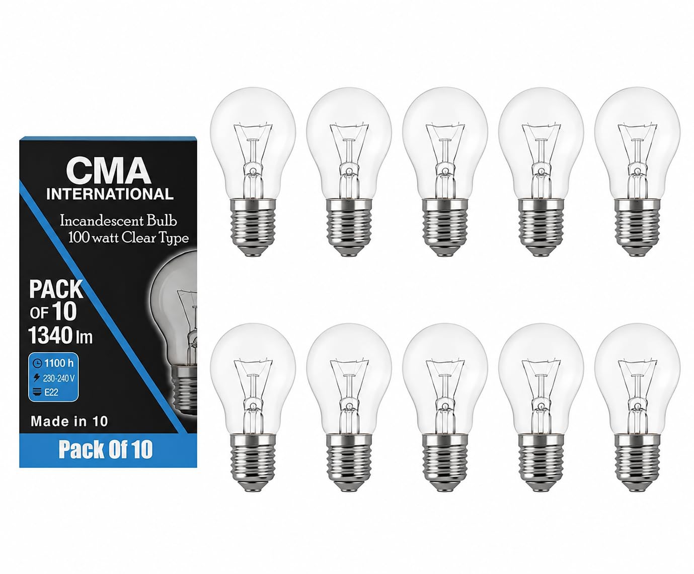 CMA 100 Watt Clear Light Bulbs GLS Lamps - BC/B22-E27 Bayonet Base - 240V - Warm White - 10 Pack (Pack of 10 E27)