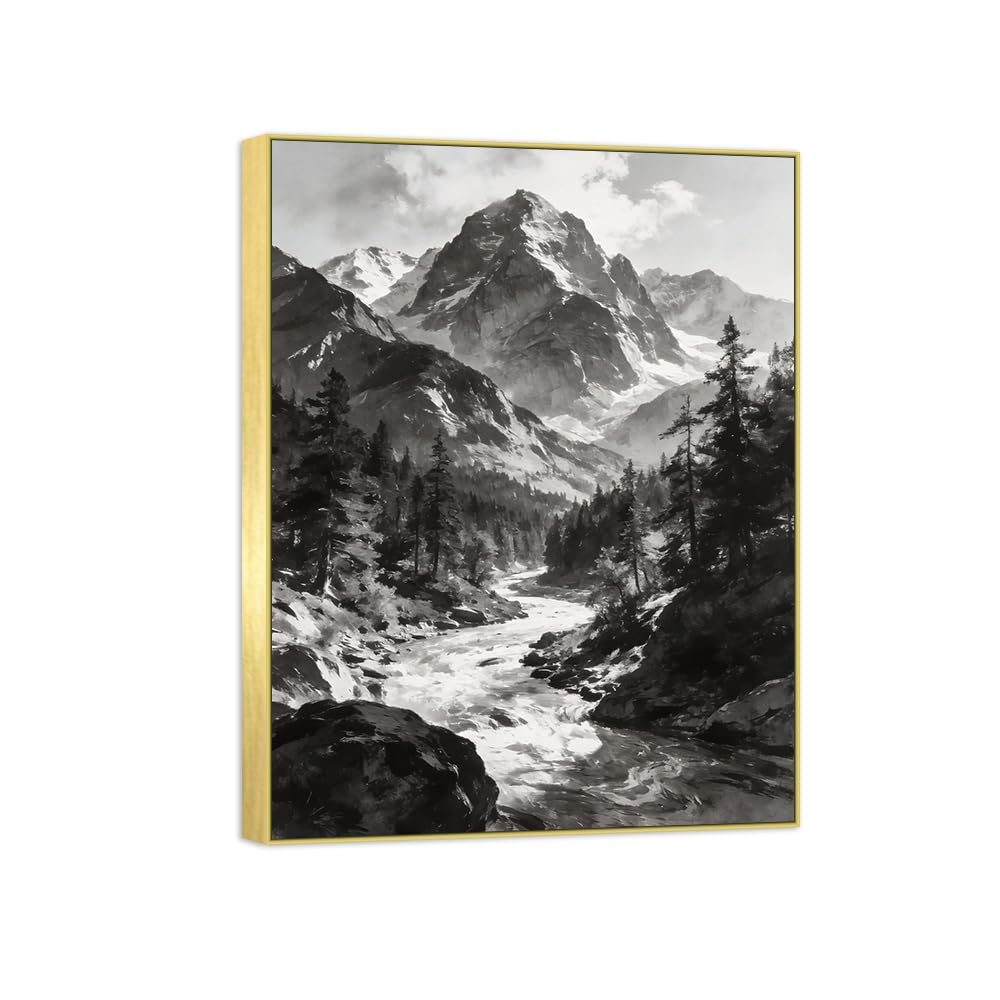 OZPWBVY Tree River Black White Landscape Canvas Picture 90x117cm Gold Frame