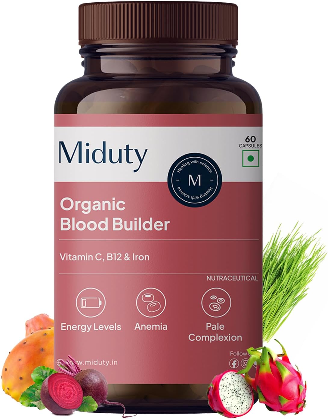 Organic Blood Builder Anemia Supplement with Green Amla, Barley Leaves, Beet Root to Support Iron Deficiency | Hemoglobin Booster & Non Constipating Iron Supplement - 60 Capsules