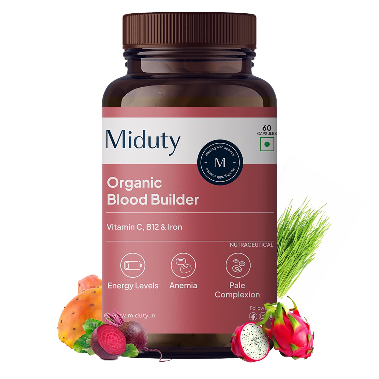Miduty Organic Blood Builder | Anemia Supplement with Green Amla, Barley Leaves, Beet Root – | Iron Supplement | Hemoglobin Booster | Pack – 60 Capsules
