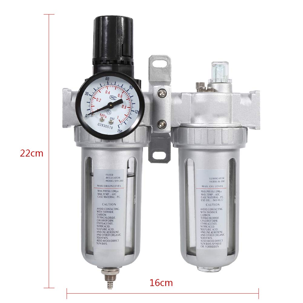Unité de Maintenance Pneumatique, Régulateur de filtre à air comprimé Graisseur Séparateur eau - manomètre Régulateur d'air comprimé en alliage d'aluminium Séparateur d'eau huileur 1/4