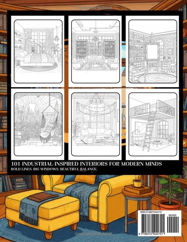 Interior Design Coloring Book: Urban Loft Interiors: 101 Industrial-Inspired Interiors for Modern Minds — Bold Lines. Big Windows. Beautiful Balance. image 3