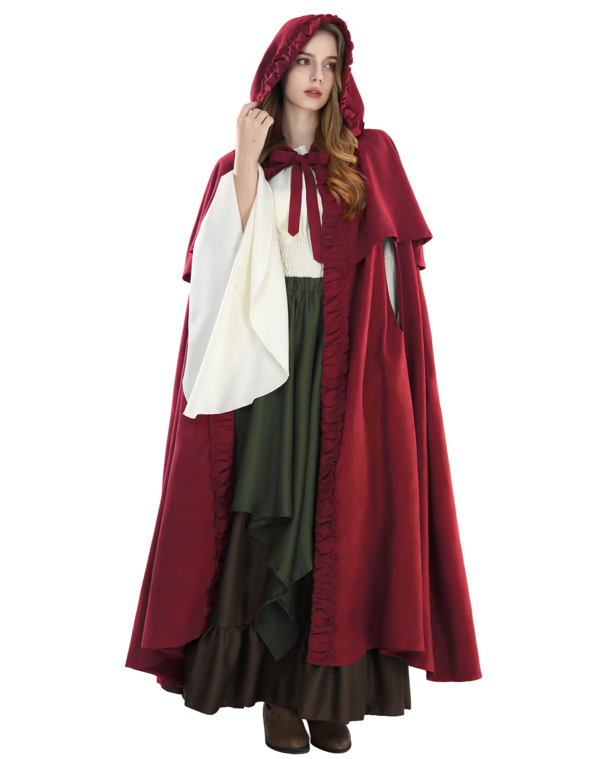 Fiamll Mittelalter Umhang Damen Kapuze Mantel mit Manschette Einfarbige Trenchcoat Renaissance Vampir Umhang Gothic Cosplay Cape Halloween Kostüm