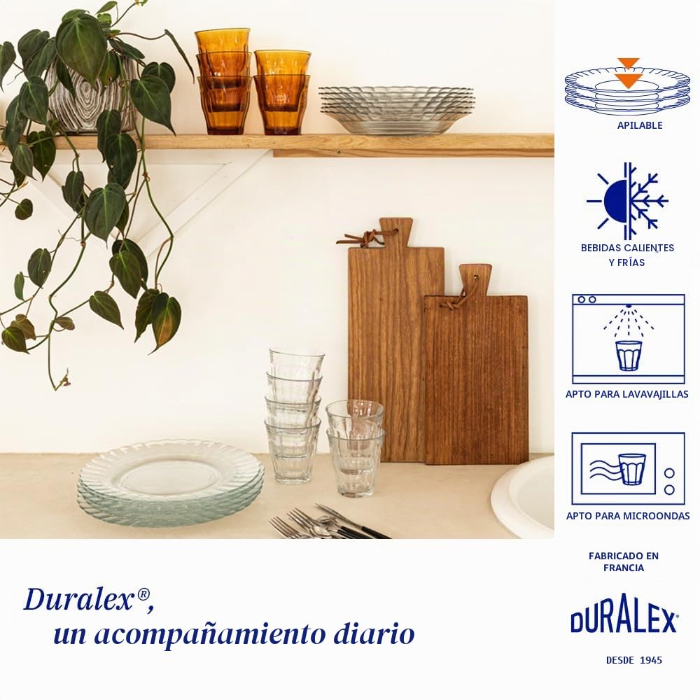 Duralex® Colección Le Picardie® | Plato ondulado de cristal - Cena 23 cl, sopa 23 cl y postre 20,5 cm | Resistente a los arañazos, apto para lavavajillas y microondas, fabricado en