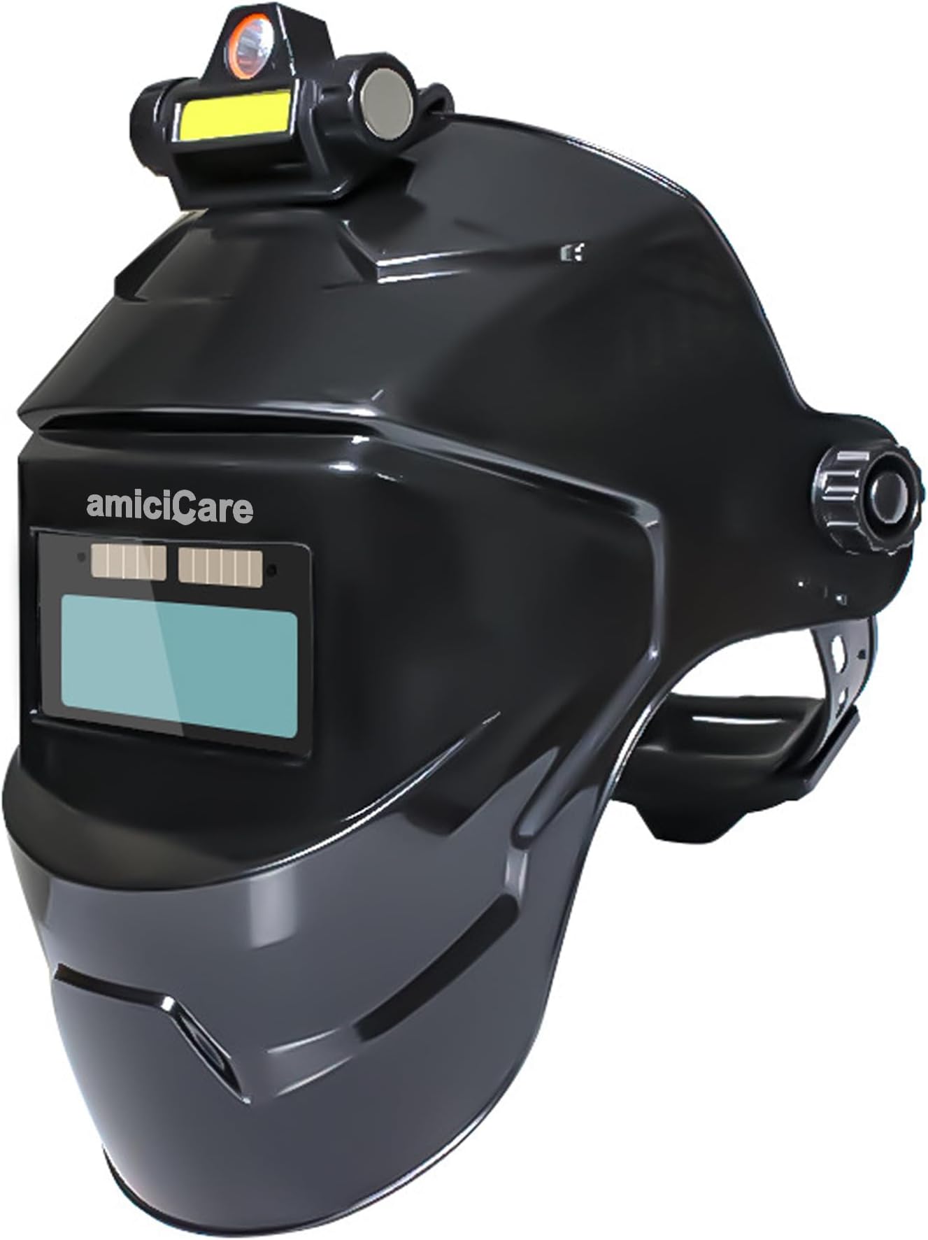 amiciCare Solar-Powered Auto-Darkening Welding Helmet, Automatic Dimming Facemask for Welding Grinding with Rechargeable Torch for Day and Night Industrial Work