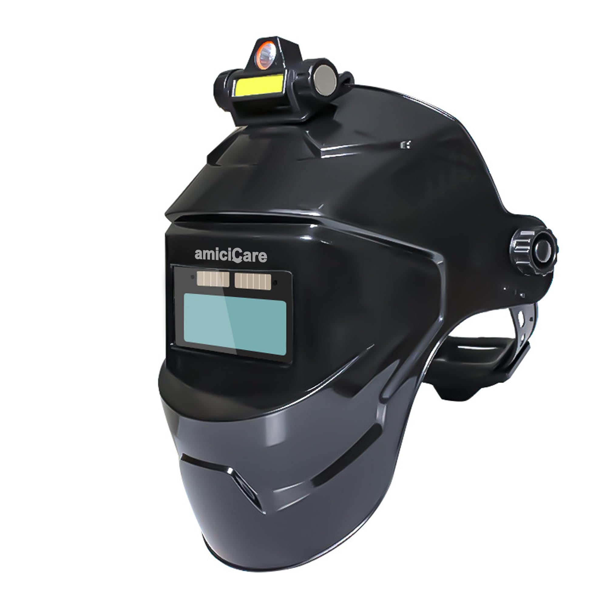 amiciCare Solar-Powered Auto-Darkening Welding Helmet, Automatic Dimming Facemask for Welding Grinding with Rechargeable Torch for Day and Night Industrial Work