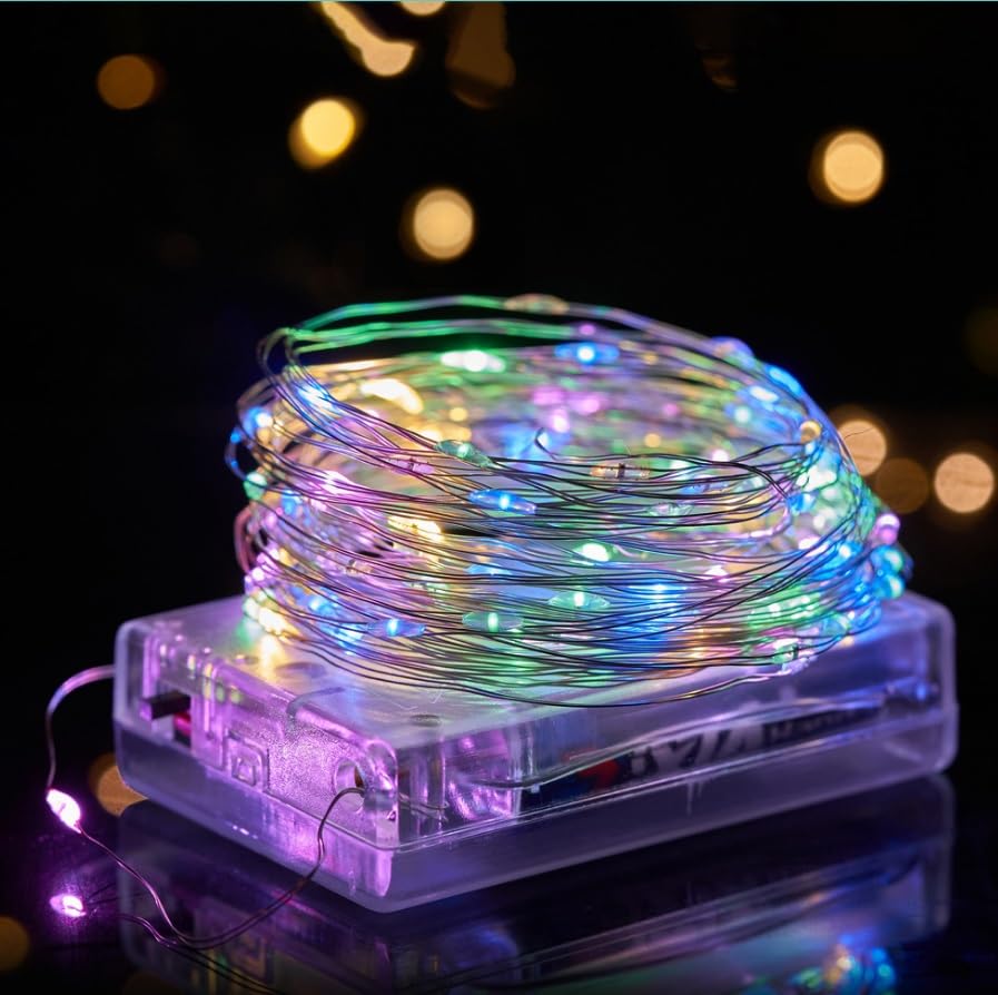 Volunx LED Fairy Lights, Battery Operated Silver Copper Wire String Lights, 1/3/5/10m Length Options for Indoor Outdoor, Christmas, Halloween, Bedroom, Party Decoration (Multicolour, 5m / 50LED)