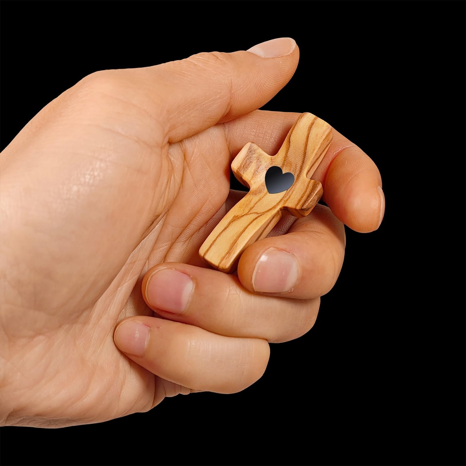 Cruz de Madera Hecha a Mano "Mi Corazón", Regalos para Aliviar el Estrés con los Dedos, Rezo Orar Ánimo Cruz Pequeña de Bolsillo para Adultos Que Rezan, Se Aferran y Se Aferran(Black heart - B(3PC))