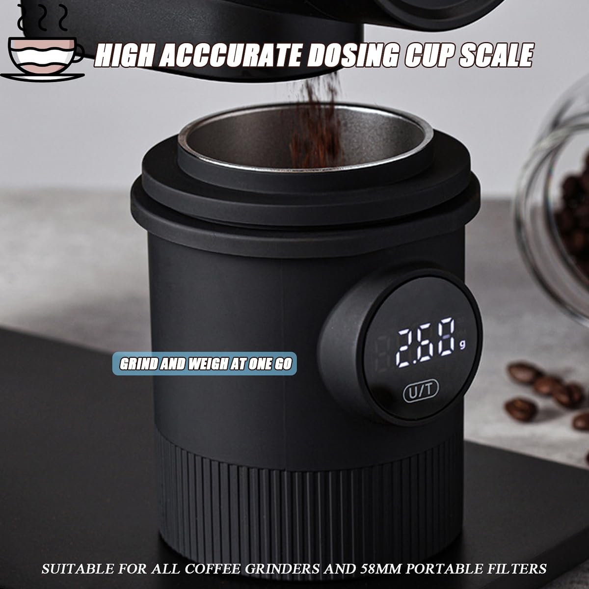 Kubek dozujący do kawy ze skalą, precyzja 0,1 g, akcesorium do maszyn ze stali nierdzewnej, łatwe sterowanie jednym dotknięciem, pasuje do portafilterów 58 mm, wielofunkcyjny do espresso, kawy