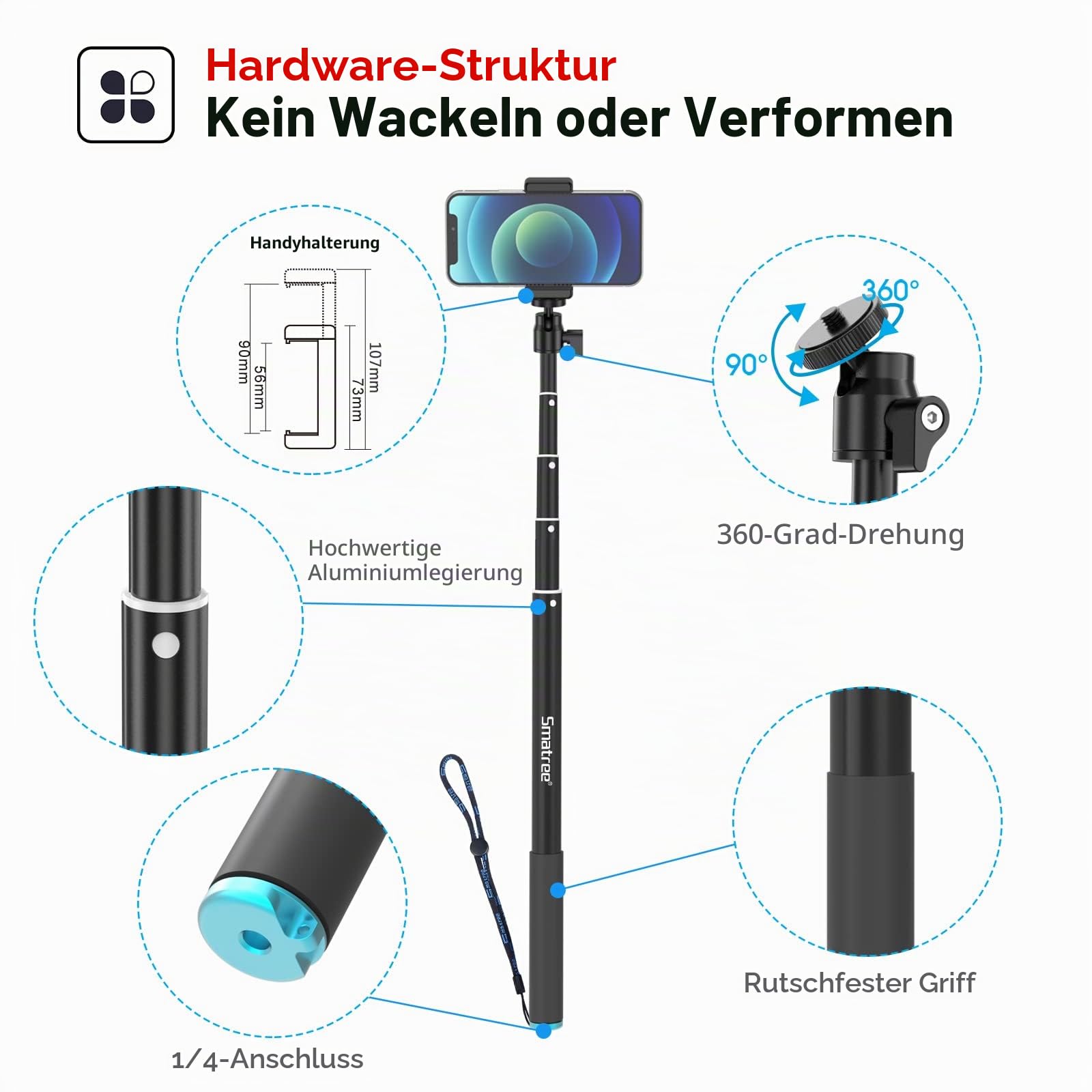Smatree 220cm SmaPole Extendable Selfie Stick, Teleskopstange kompatibel für GoPro 13/12/11/10/9/8/7/6/5/4/3, kompatibel für Insta360, kompatibel fürDJI Osmo Action 3/2(Extended Version 17"-87")
