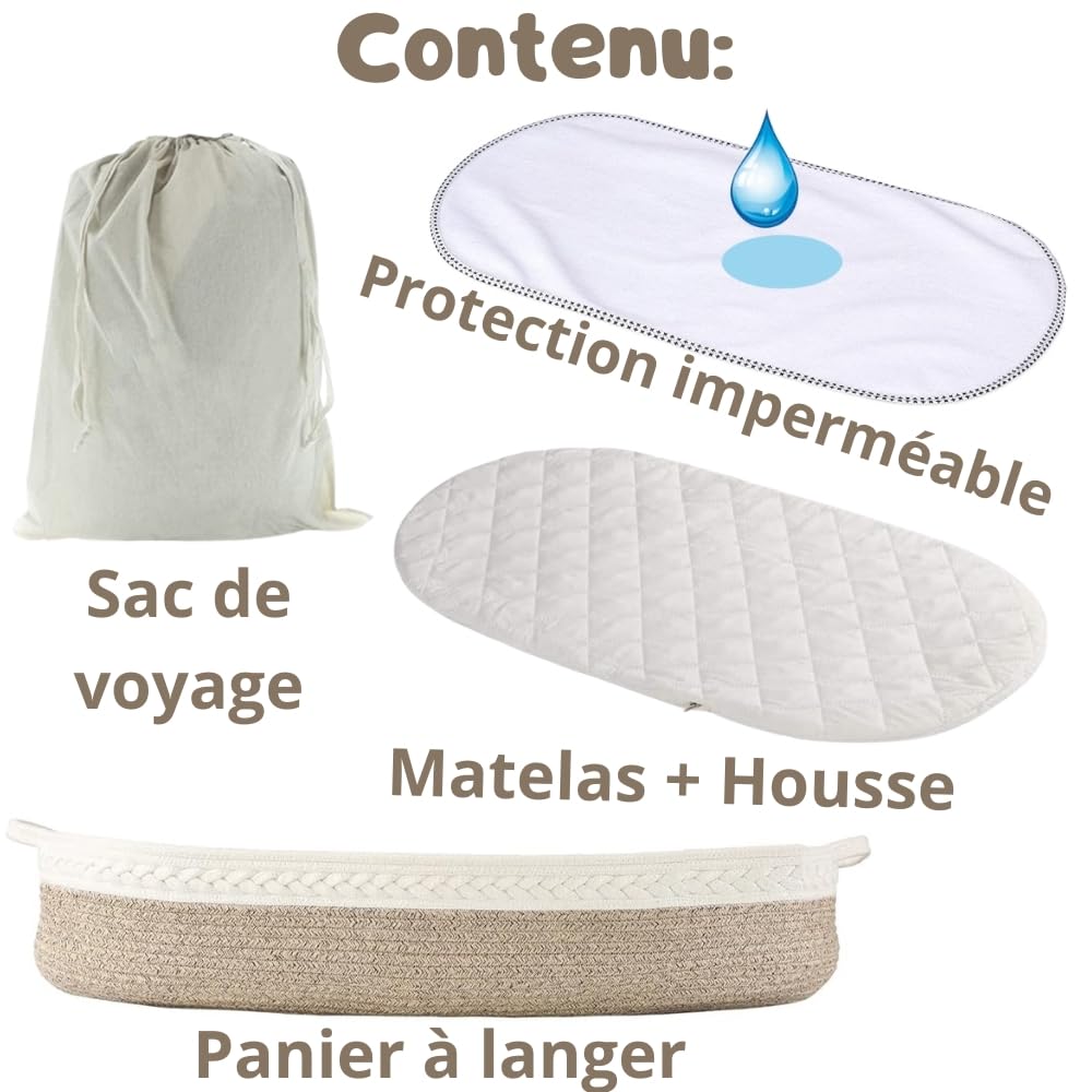 Panier à langer portable et pliable pour matelas à langer + matelas doux + housse amovible + protection extra imperméable + sac de voyage