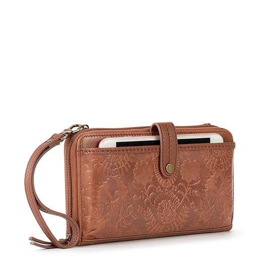 The Sak Iris Large Smartphone Crossbody Bag in Leather, Convertible Wristlet Purse Design, Tobacco Floral Embossed