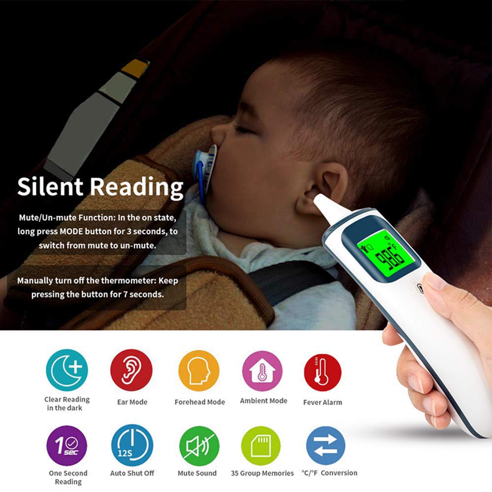Termómetro Infrarrojo del Bebé, Oído Y Termómetro De La Frente, Termómetro Médico Modo Dual Digital con Fiebre De Alarma, ℃ / ℉ De Conversión, 1S Lectura