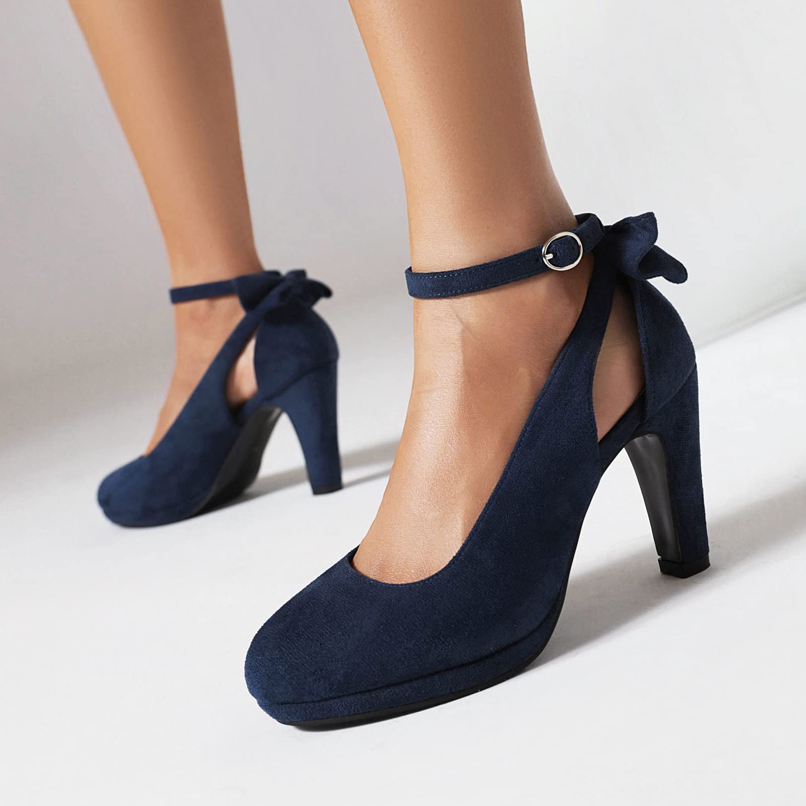 elerhythm Donne Mary Jane Tacchi con Arco Retro Chiuso Punta Rotonda Scamosciata Cinturino alla Caviglia Pumps Gatsby Vintage Scarpe (Blue EU37)