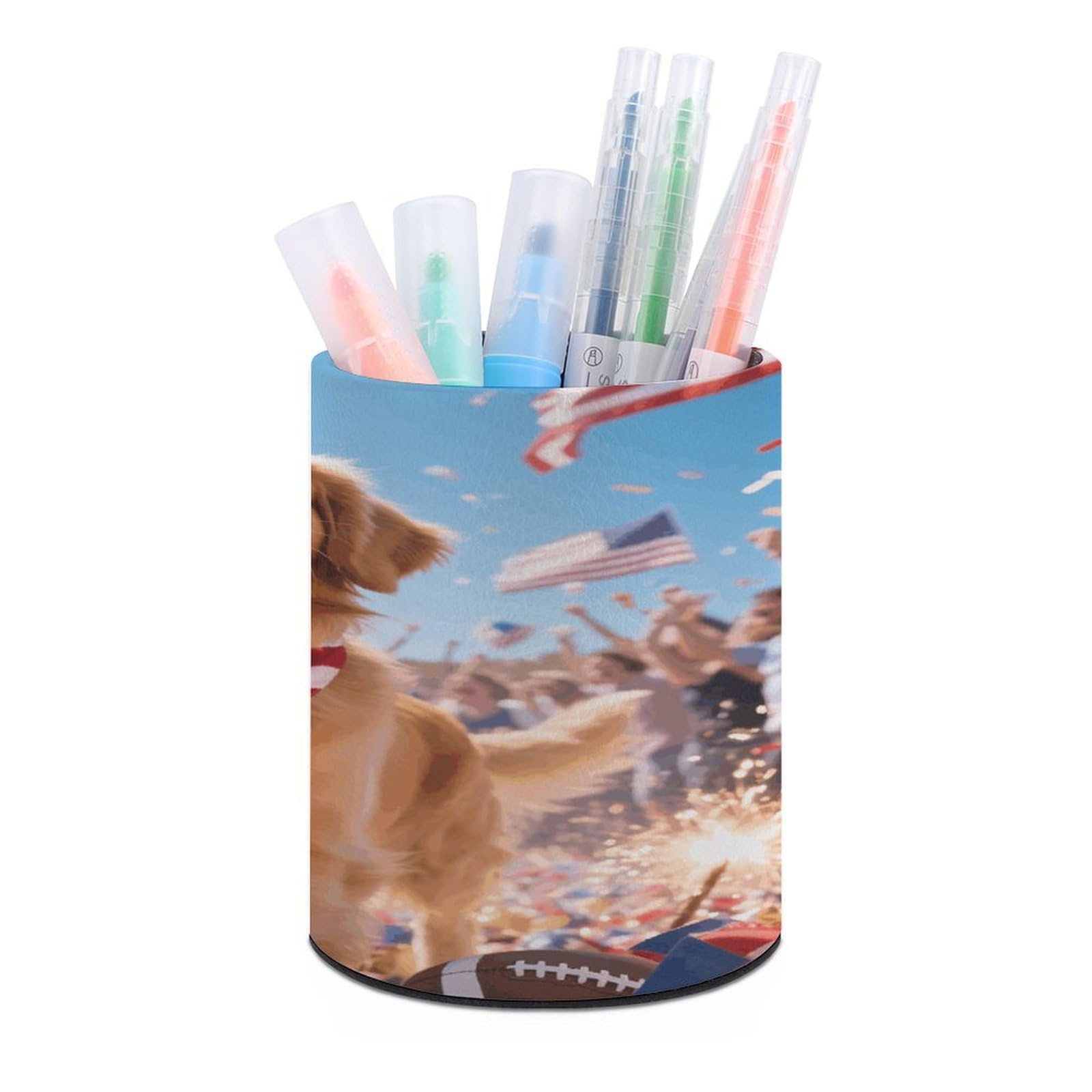 VstaDank - Patriotic Pen Holder for Dogs, Round Pencil Holder PU Leather Desk Organizer Holder for Desk Desk Office Decoration