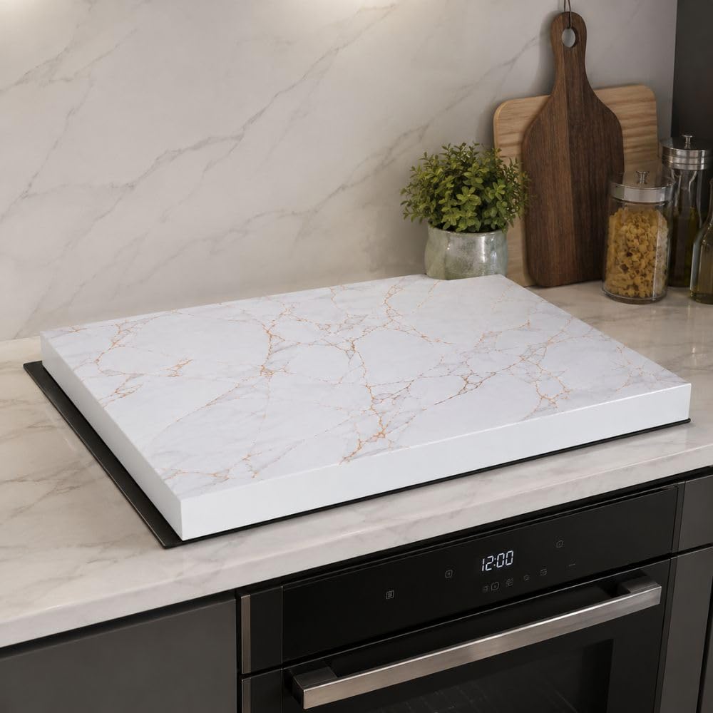 Coprifornello in Legno Ultraresistente 90x54x7,5 cm – Copripiano Cottura Effetto Marmo Marmorizzato – Protezione Piano Cottura Cucina – Variante Oro o Silver (Silver)
