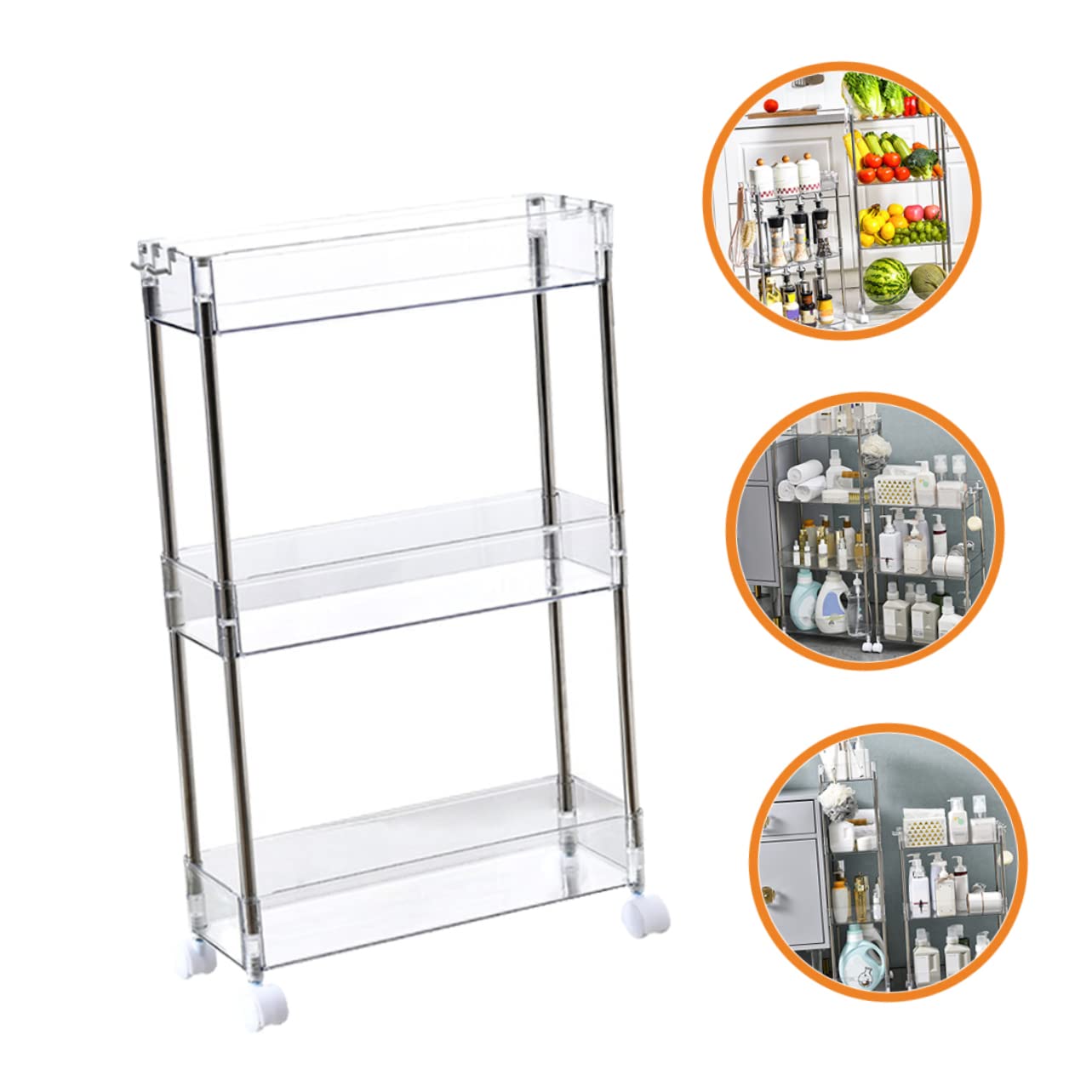 LABRIMP Mobile Cucina con Ruote Scaffale Portaoggetti da Cucina 3 Ripiani in Pet e Acciaio Inox Design Trasparente e Balcone